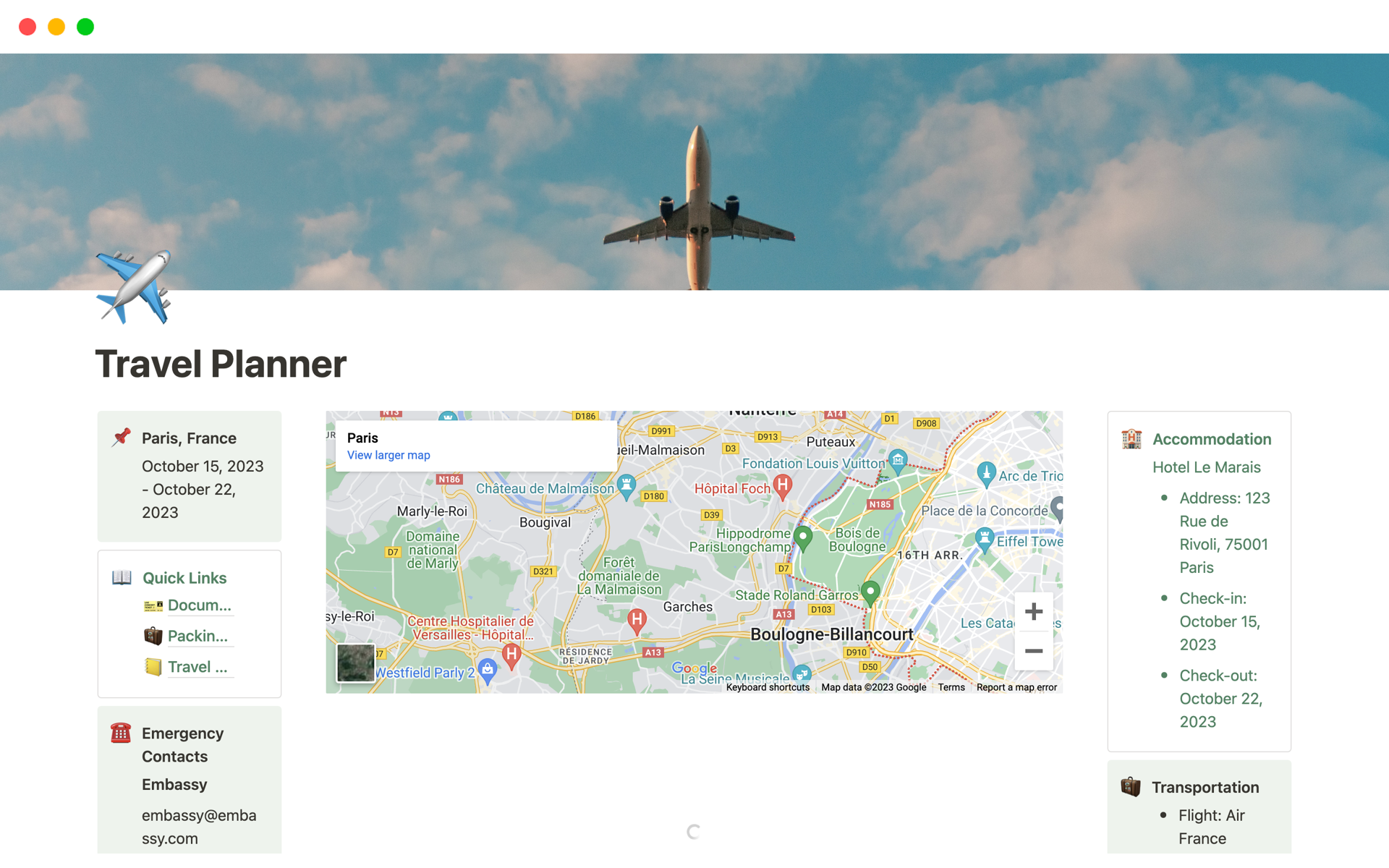 Plan your dream trip with this comprehensive travel planner template designed for use in Notion. 