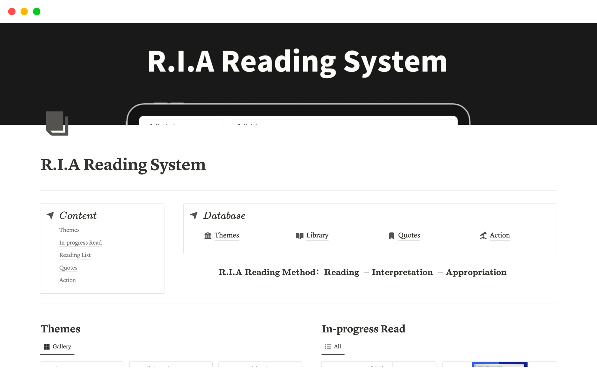 A template preview for R.I.A Reading System