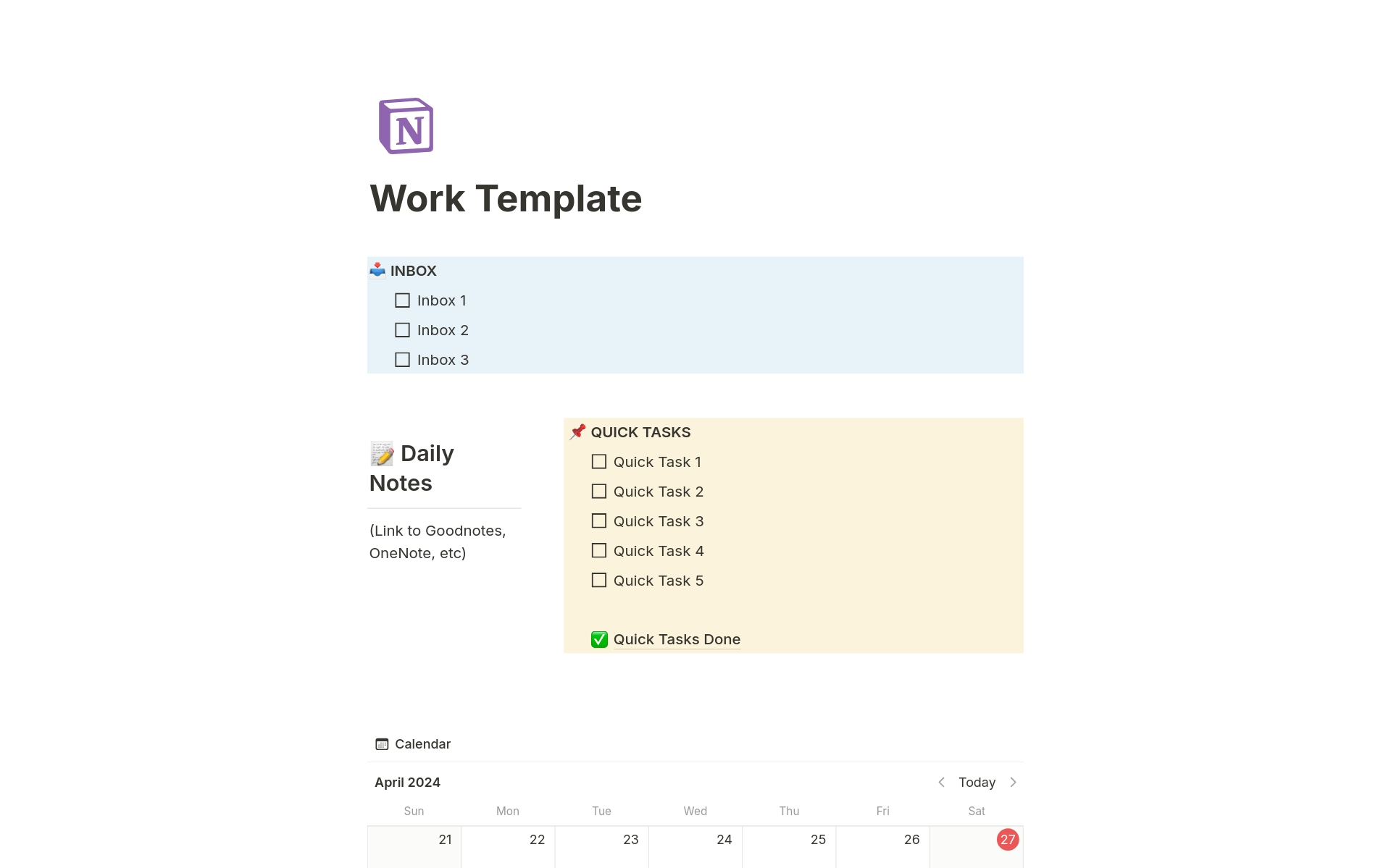 This is a simple to use template design for work, specially for those who work in a project basis.
The incoming informations should be added to the ‘INBOX’, then to ‘Quick Tasks’ if takes few time and to Tasks if are part of a Project. Each Project page also has specific tasks.