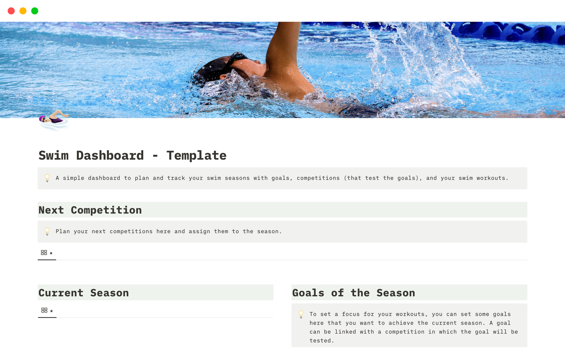This template allows you to plan and track your swim workouts.