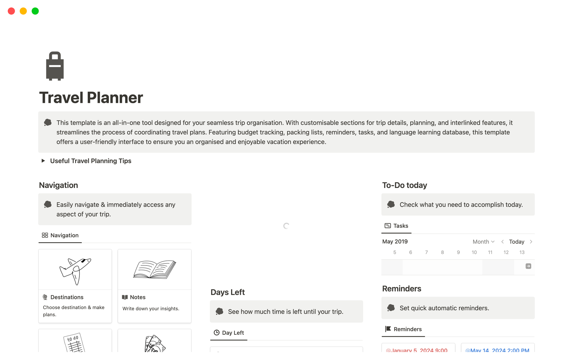 A template preview for Travel Planner