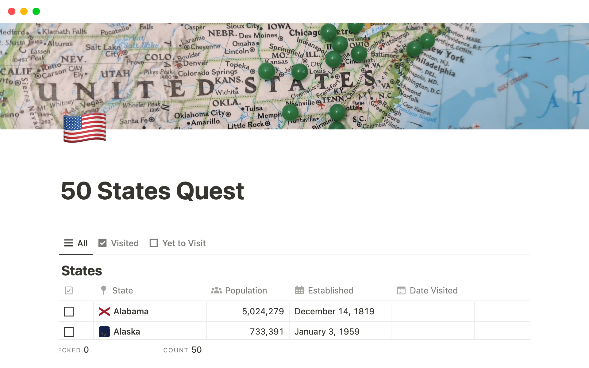 The perfect Notion tracker for your quest to visit all 50 State across America.