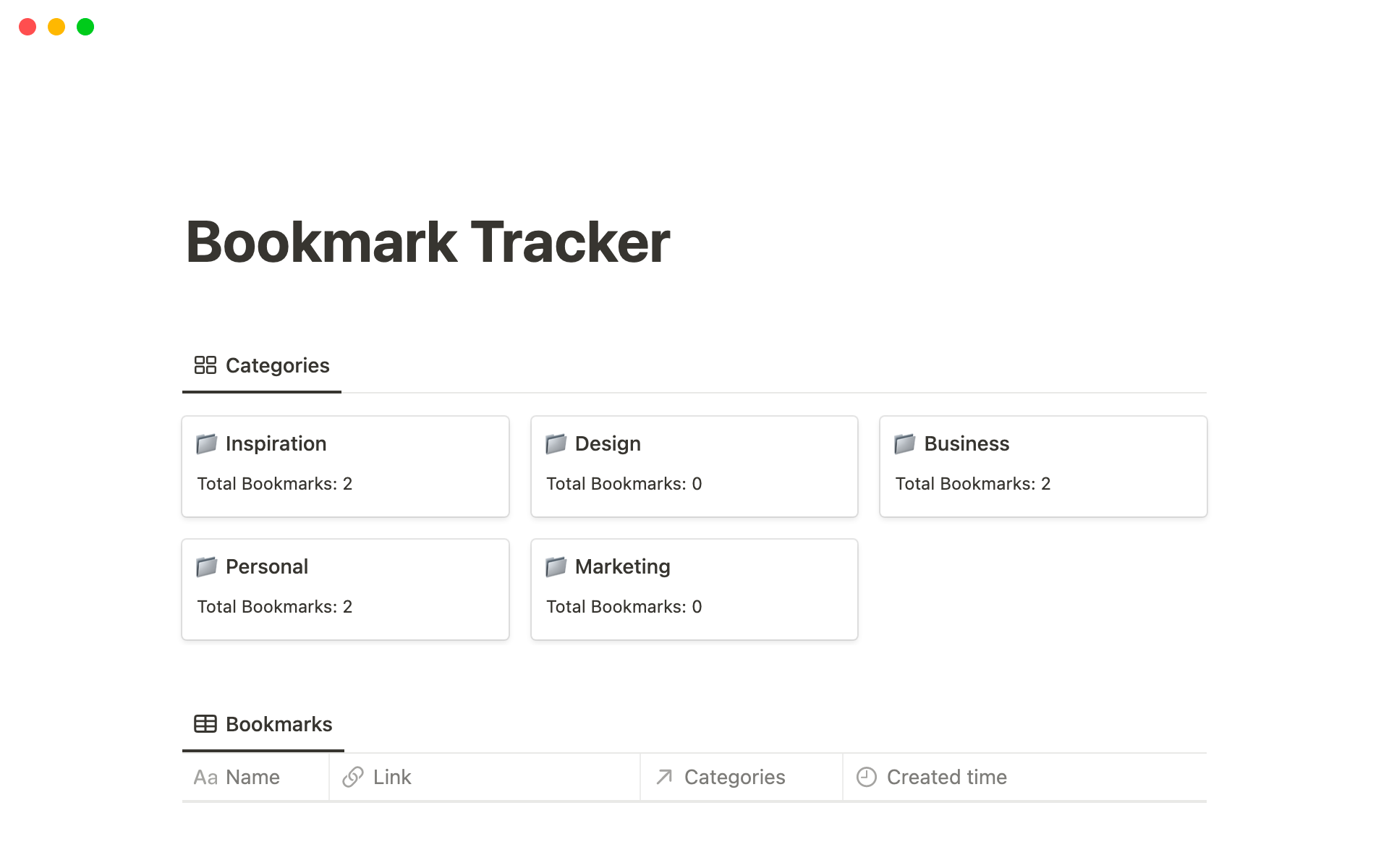 En förhandsgranskning av mallen för Bookmark Tracker