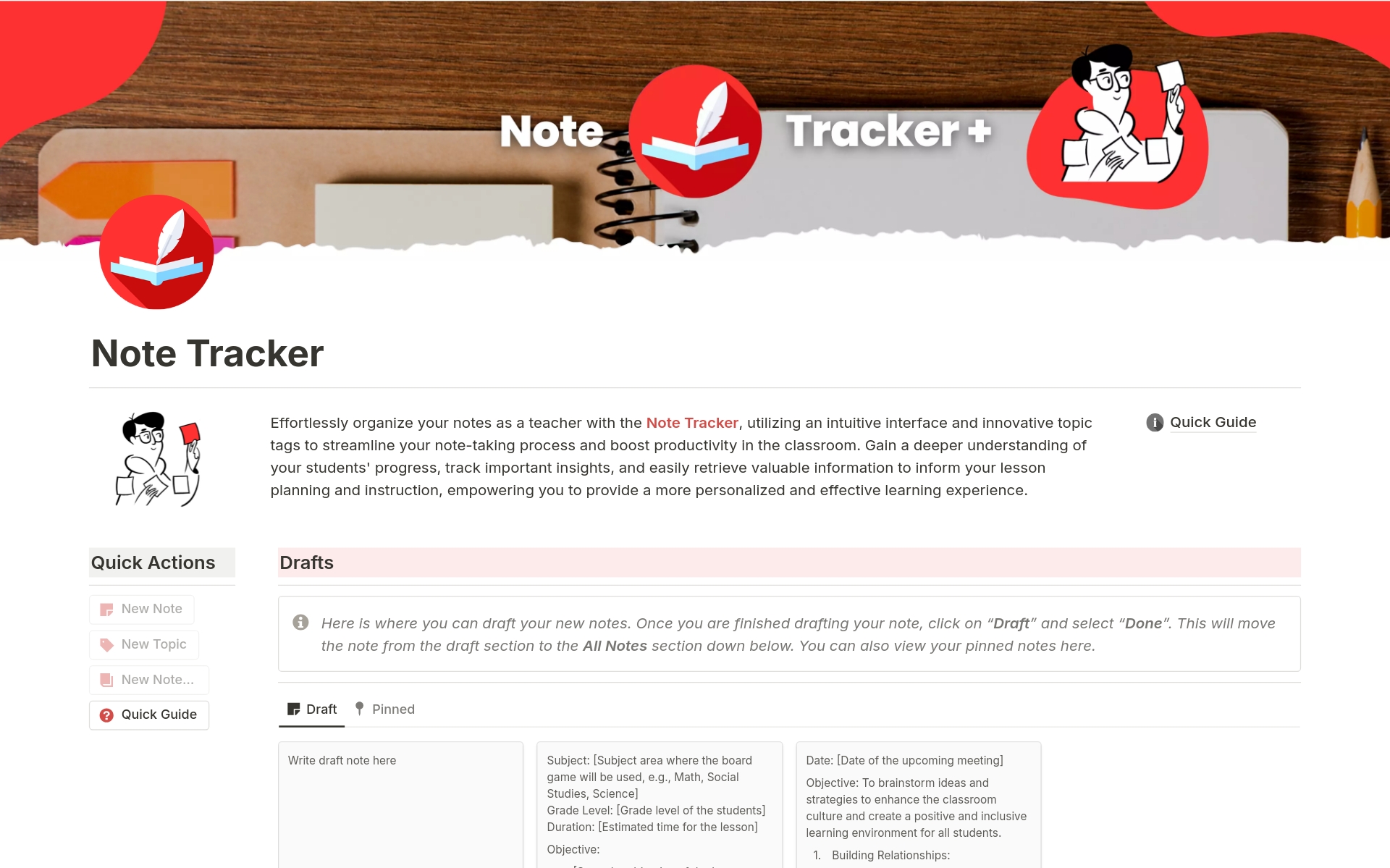 Uma prévia do modelo para Note Tracker for Teachers