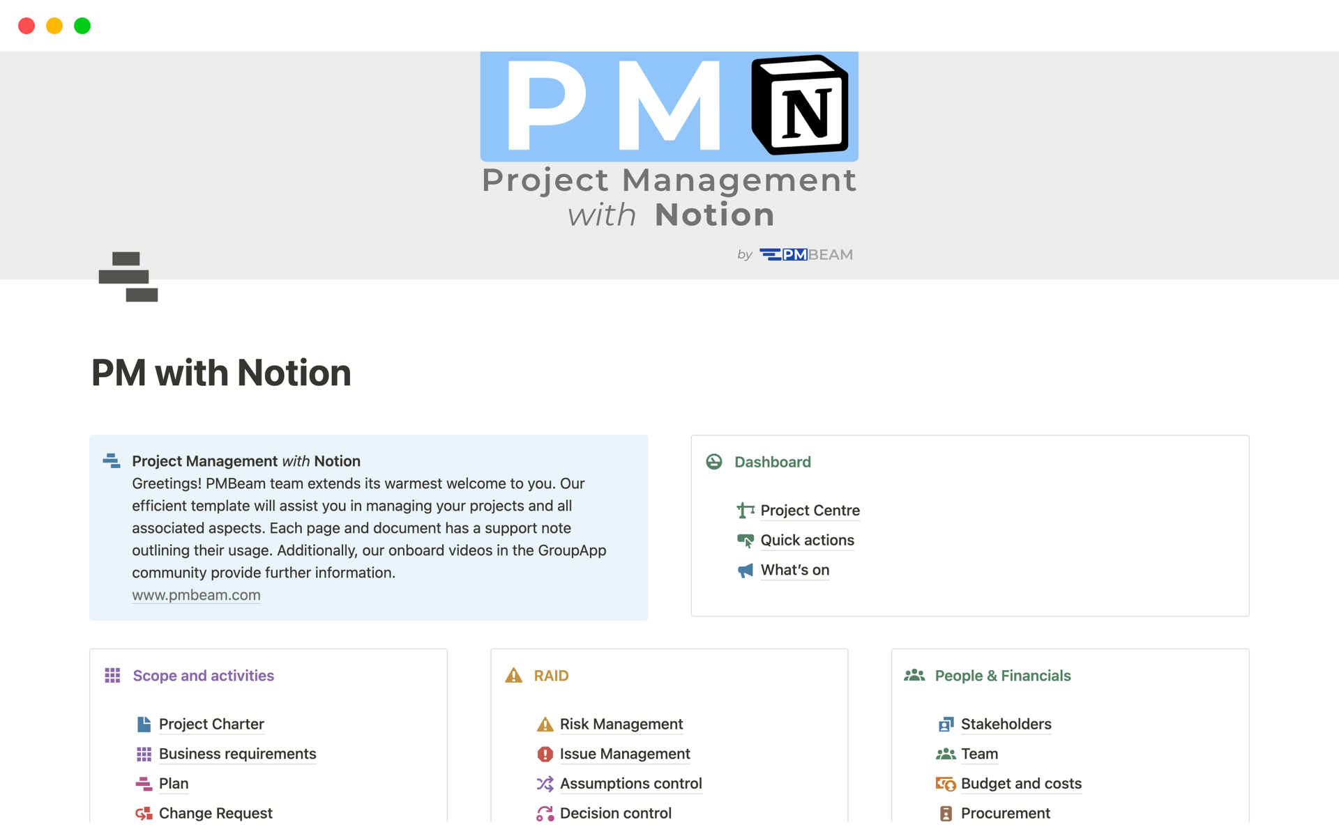A template preview for PMN - Project Management with Notion