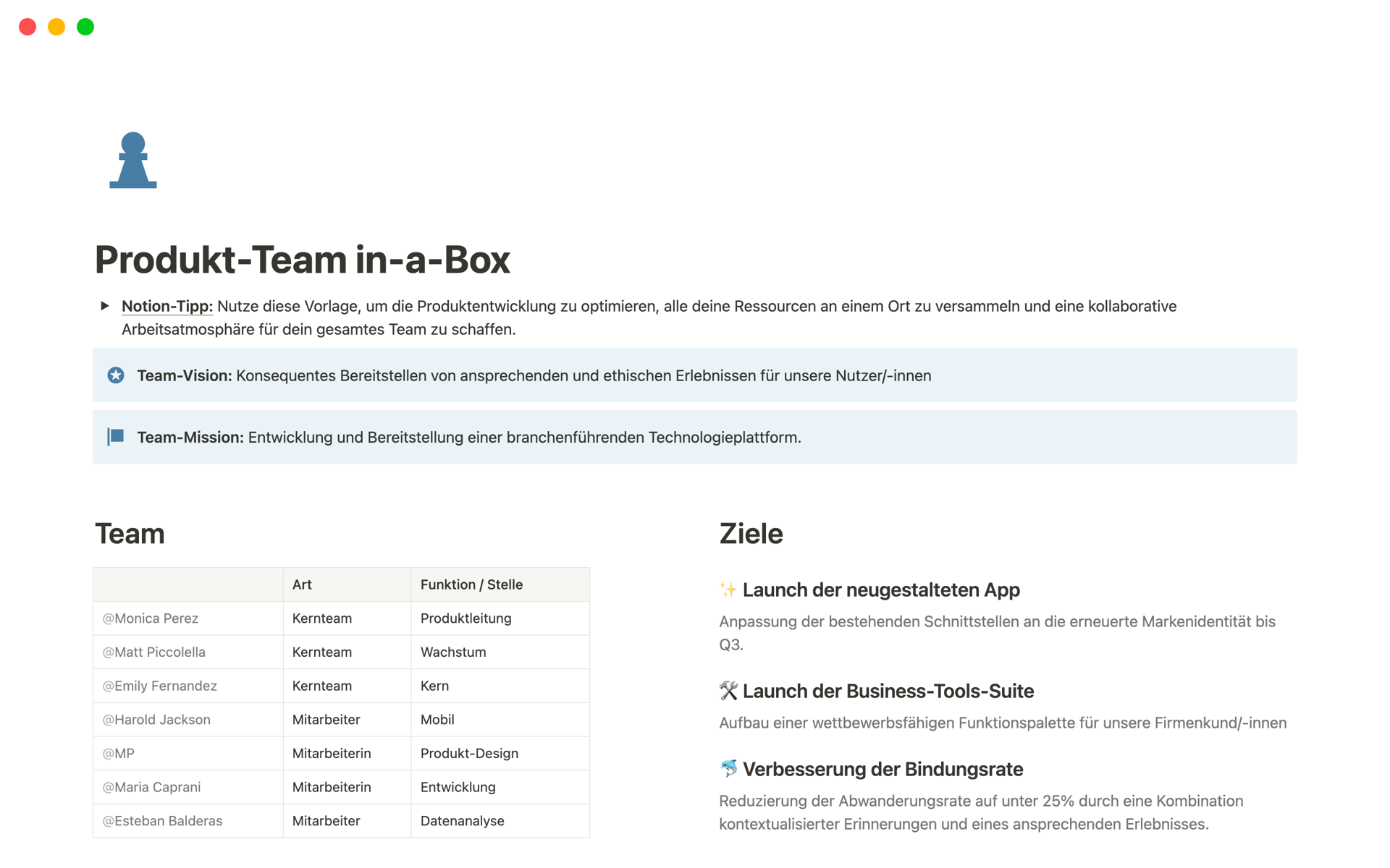 Eine Vorlagenvorschau für Produkt-Team in-a-Box