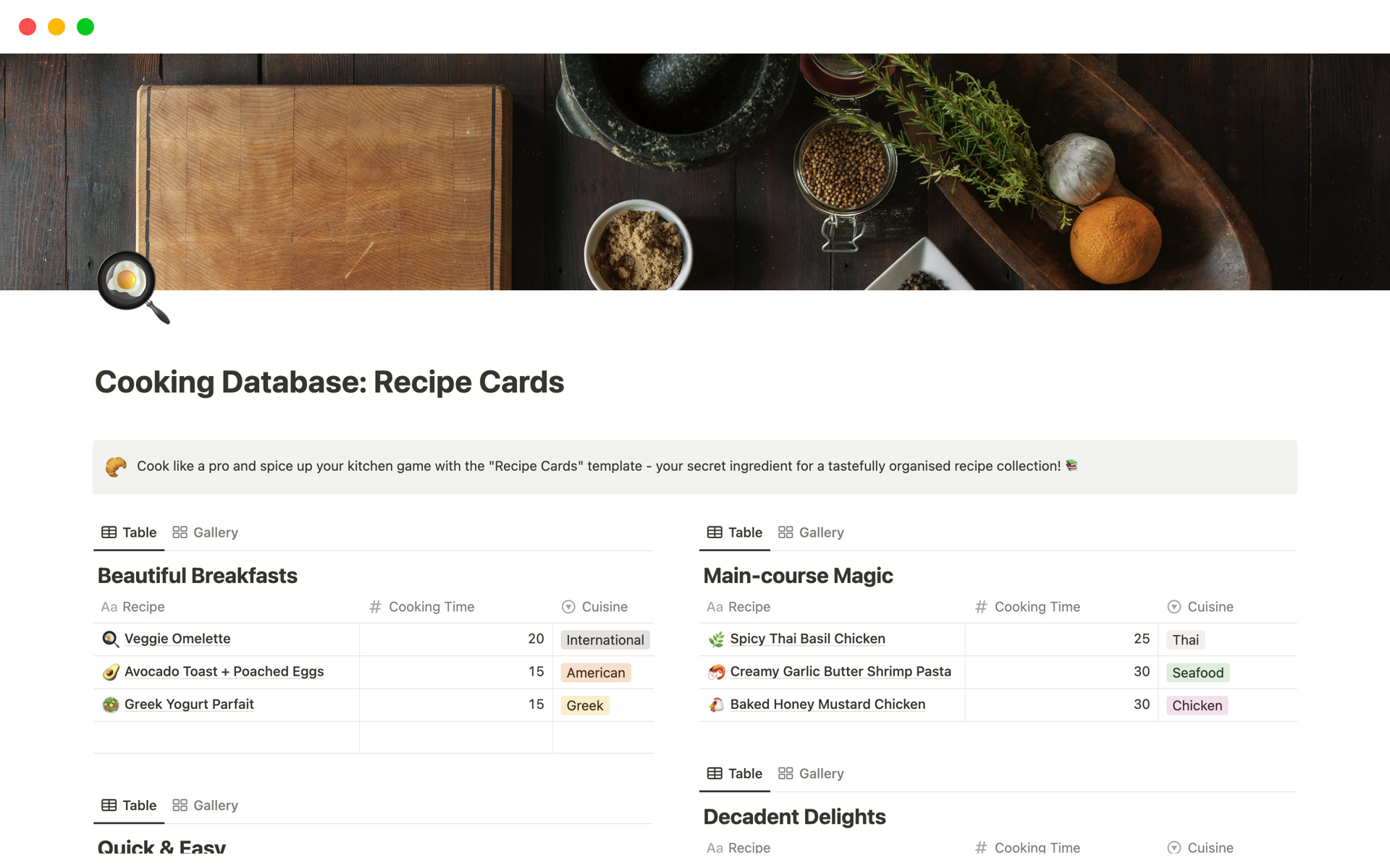 Cook like a pro with the "Recipe Cards" template - your secret ingredient for a tastefully organized recipe collection, easily copy and add more categories, sort by cooking time, and explore cuisines from around the world! 📚🍽️