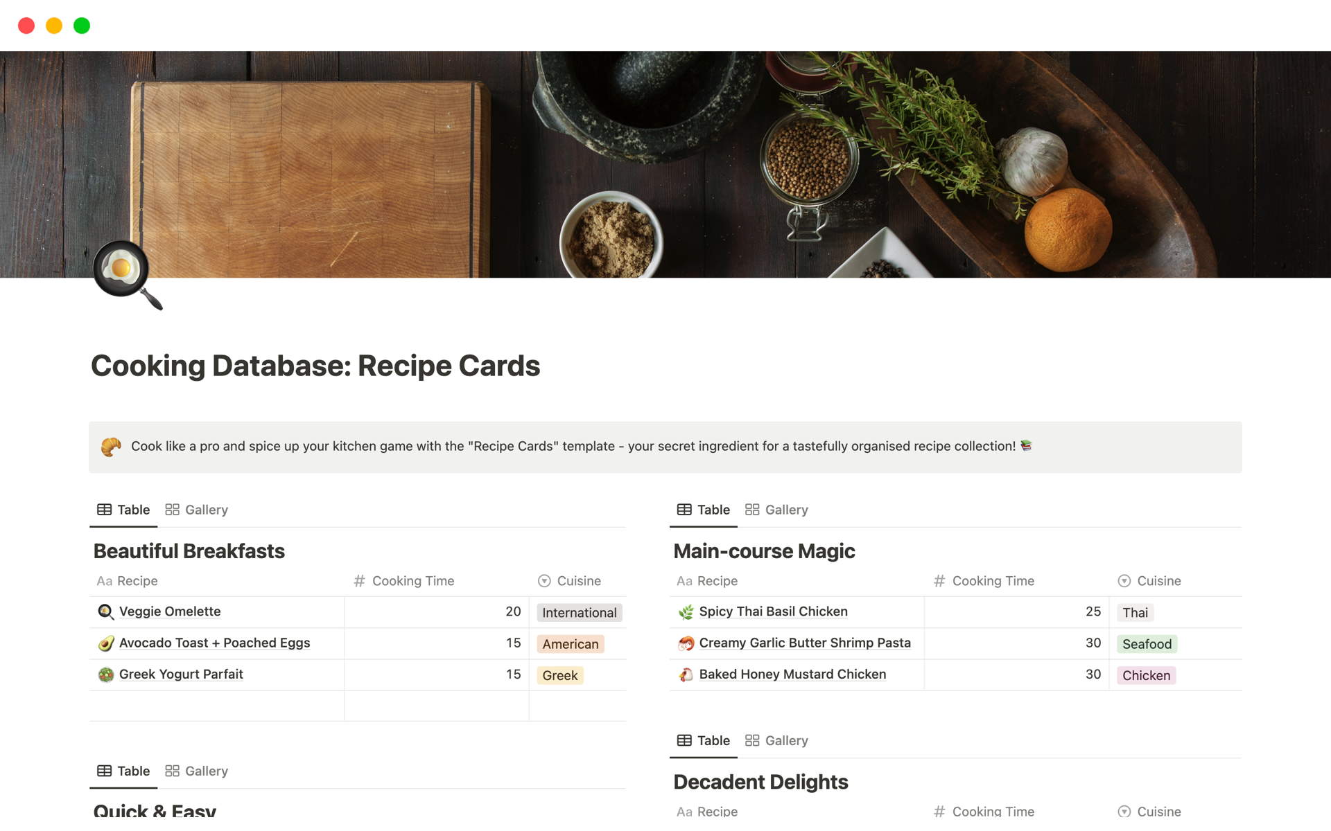 Aperçu du modèle de Cooking Database: Recipe Cards