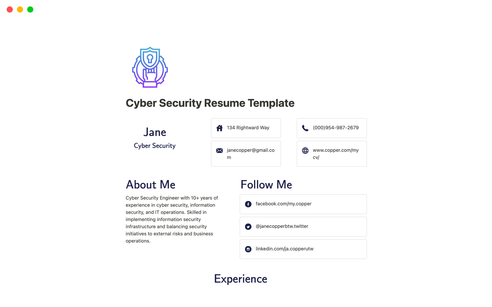 A template preview for Cyber Security Resume