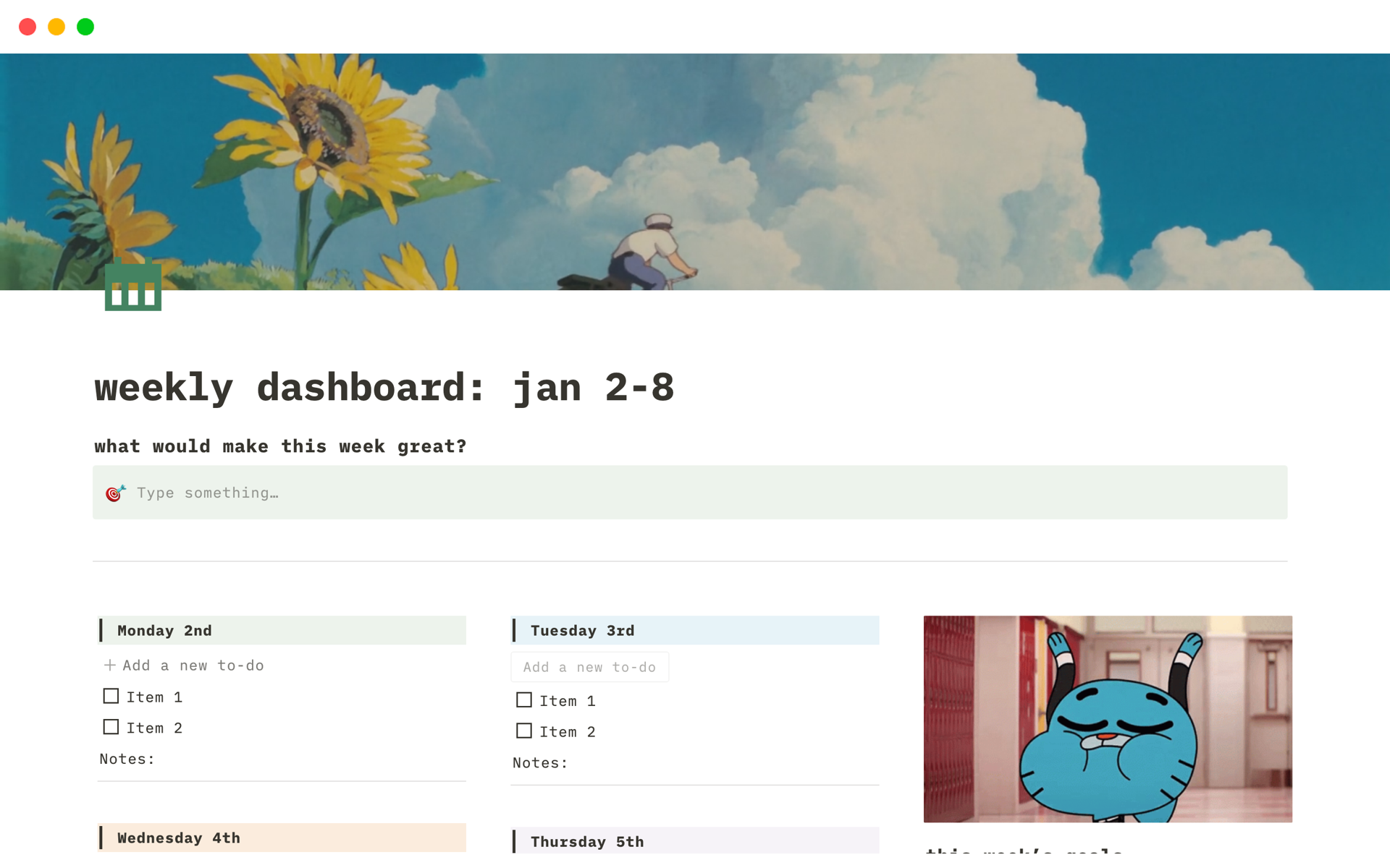 Introducing the Weekly Dashboard Notion template—a simple toolkit for planning tasks, setting goals, tracking habits, managing events, and unleashing your creative genius with brain dumps, all in one organized space!