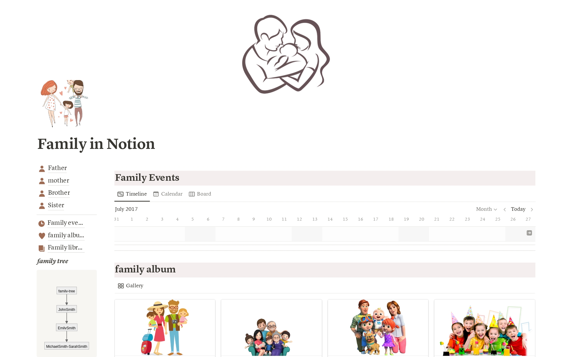 The "Family" template in Notion is an efficient tool designed to organize family information in a structured and organized manner. 