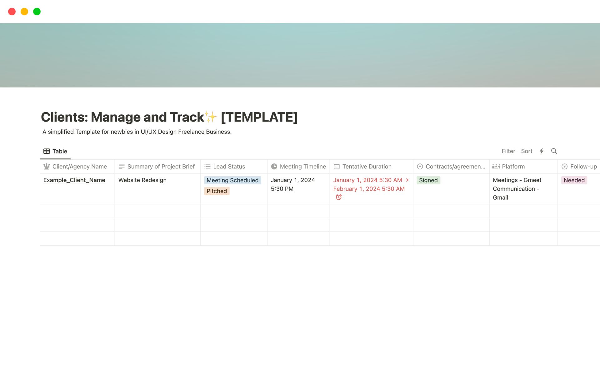 A template preview for Freelance Clients: Manage and Track
