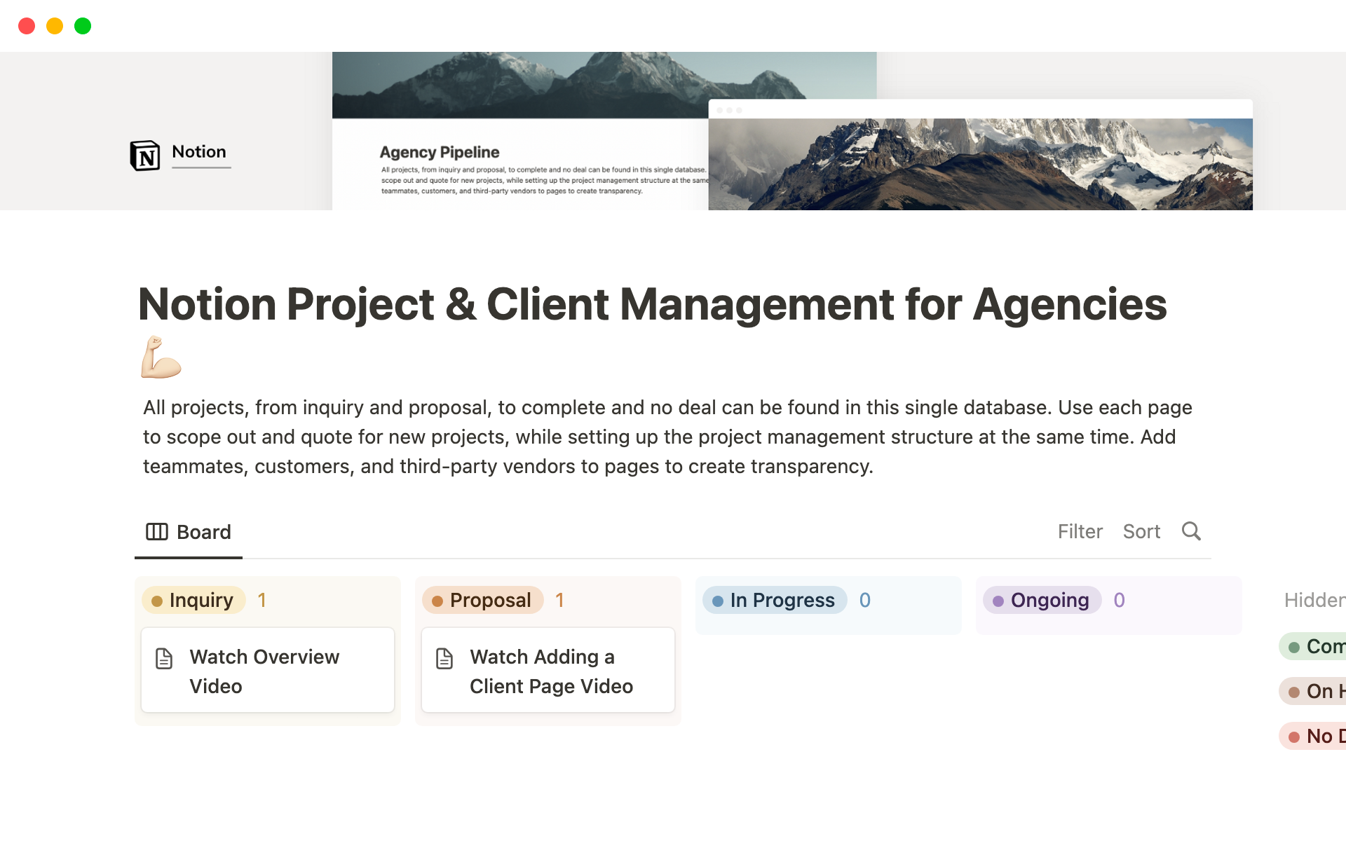 Uma prévia do modelo para Notion Project & Client Management for Agencies