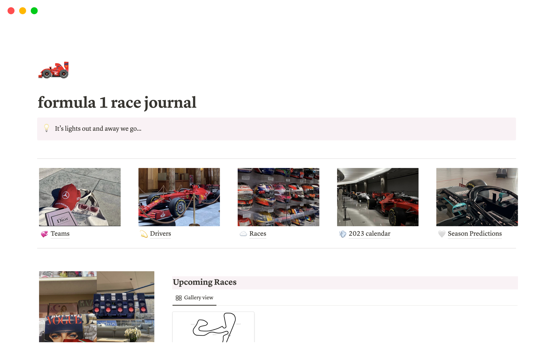 Looking for a unique way to keep track of your F1 race season? Look no further than this Formula 1 inspired race journal on Notion!