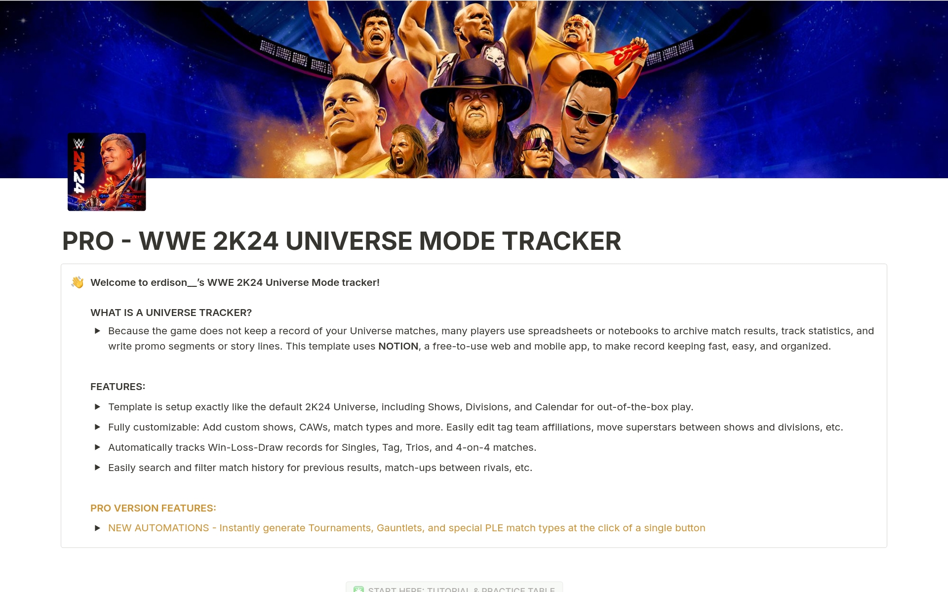 A template preview for PRO - WWE 2K24 Universe Mode Tracker