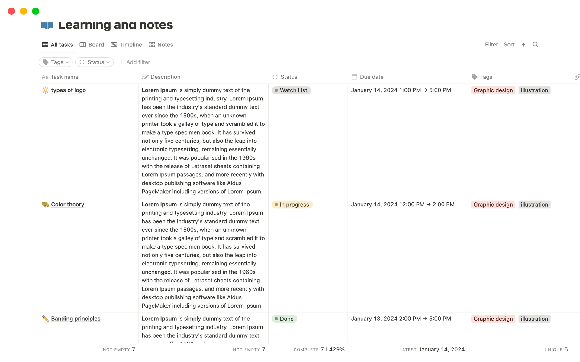 Tailored for efficient learning and note-taking. Features customizable filters for easy retrieval based on status (Wish List, In Progress, Done). Integrated timeline tracks learning duration, optimizing study habits. Simplify, organize, and enhance your educational journey.