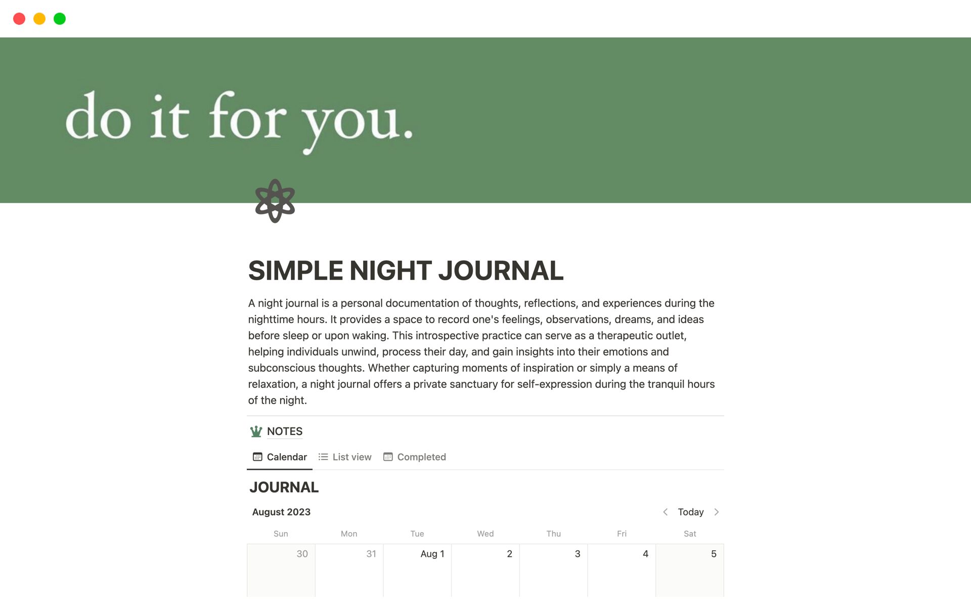 A template preview for SIMPLE NIGHT JOURNAL