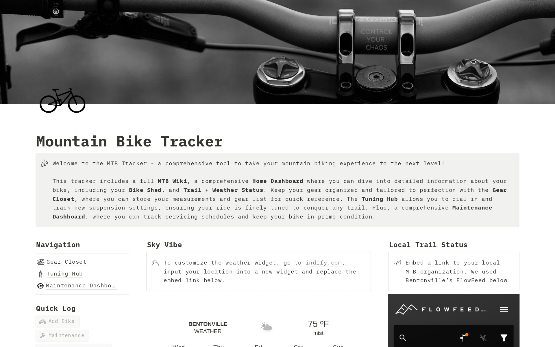 En forhåndsvisning av mal for Mountain Bike Tracker