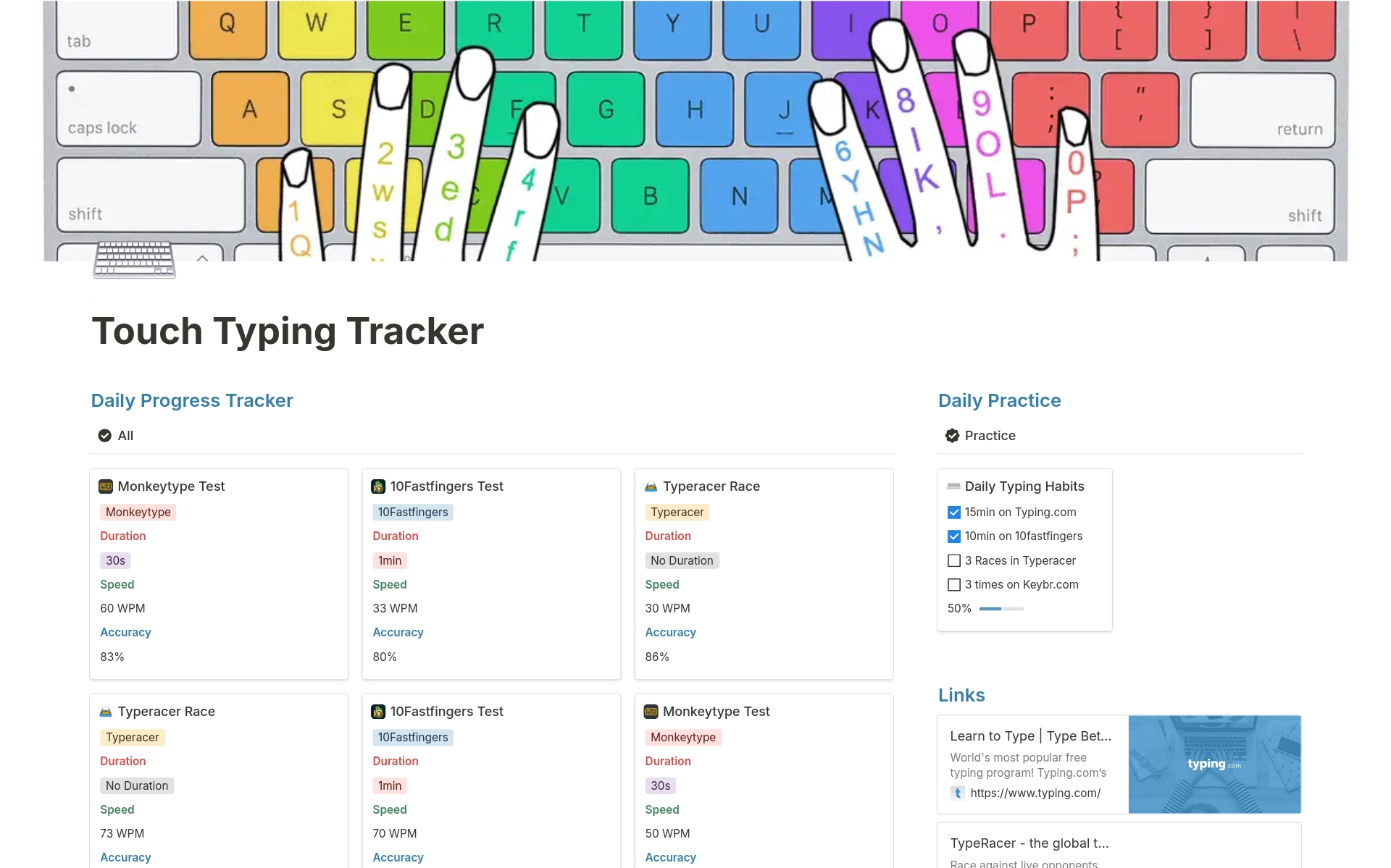 Track your daily touch typing practice and visualize typing speed with this Touch Typing Tracker.