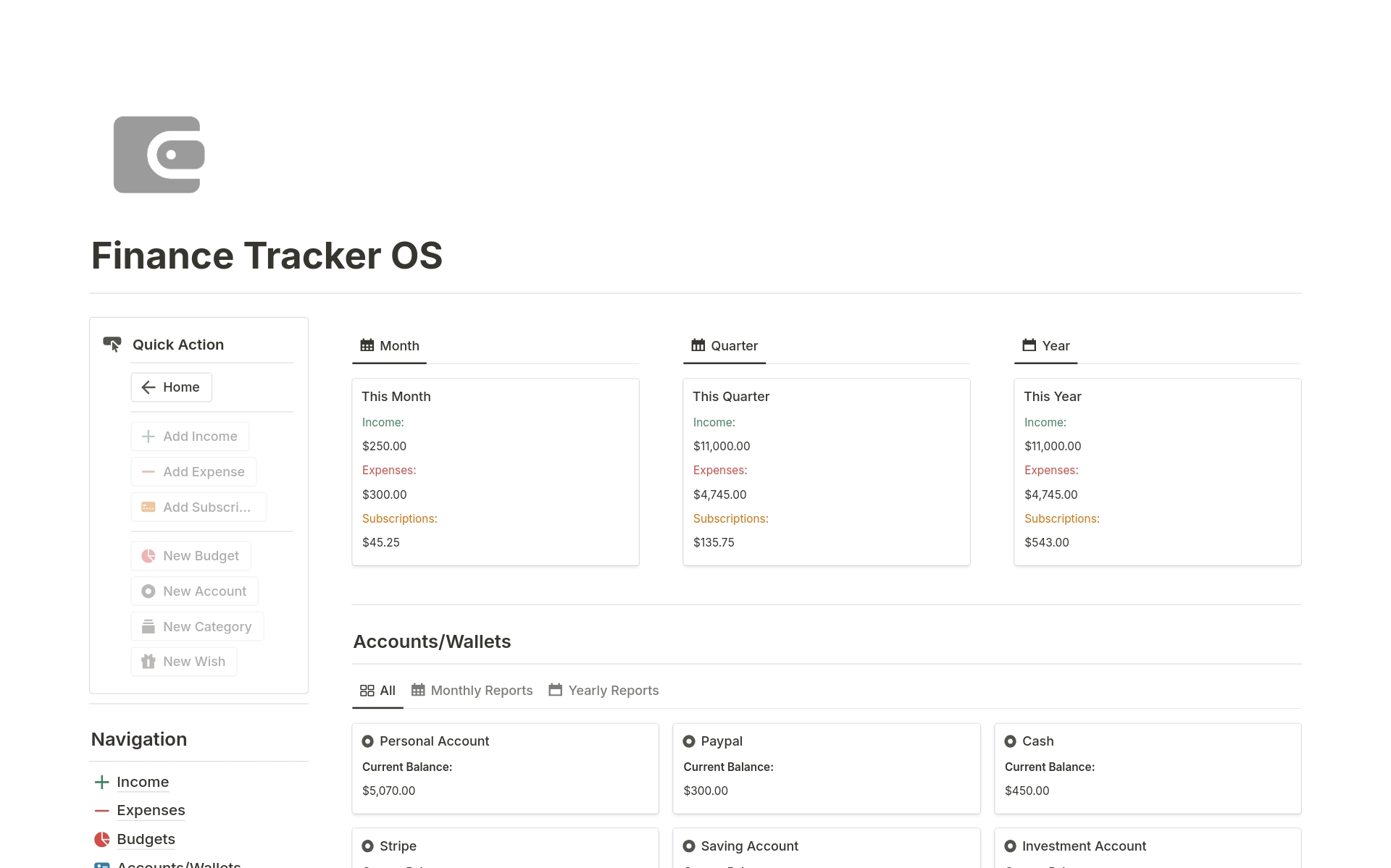 A template preview for Finance Tracker OS