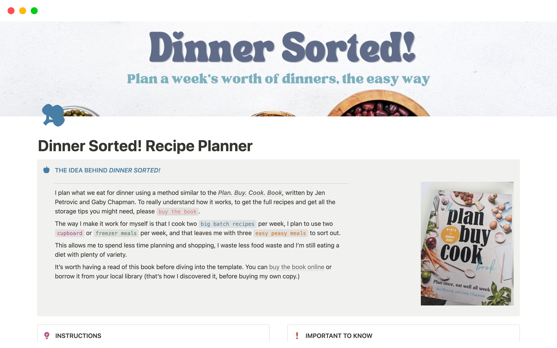 Uma prévia do modelo para Dinner Sorted! Recipe Planner