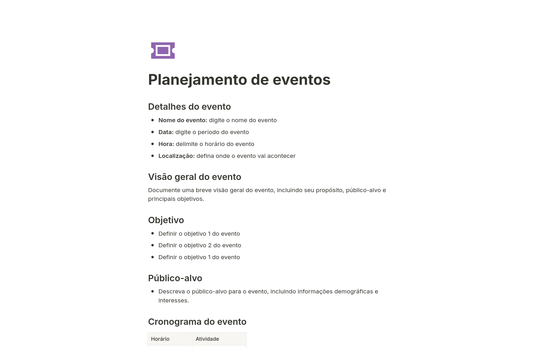 Elabore um plano detalhado para o seu próximo evento com o nosso abrangente modelo de Planejamento de eventos.
