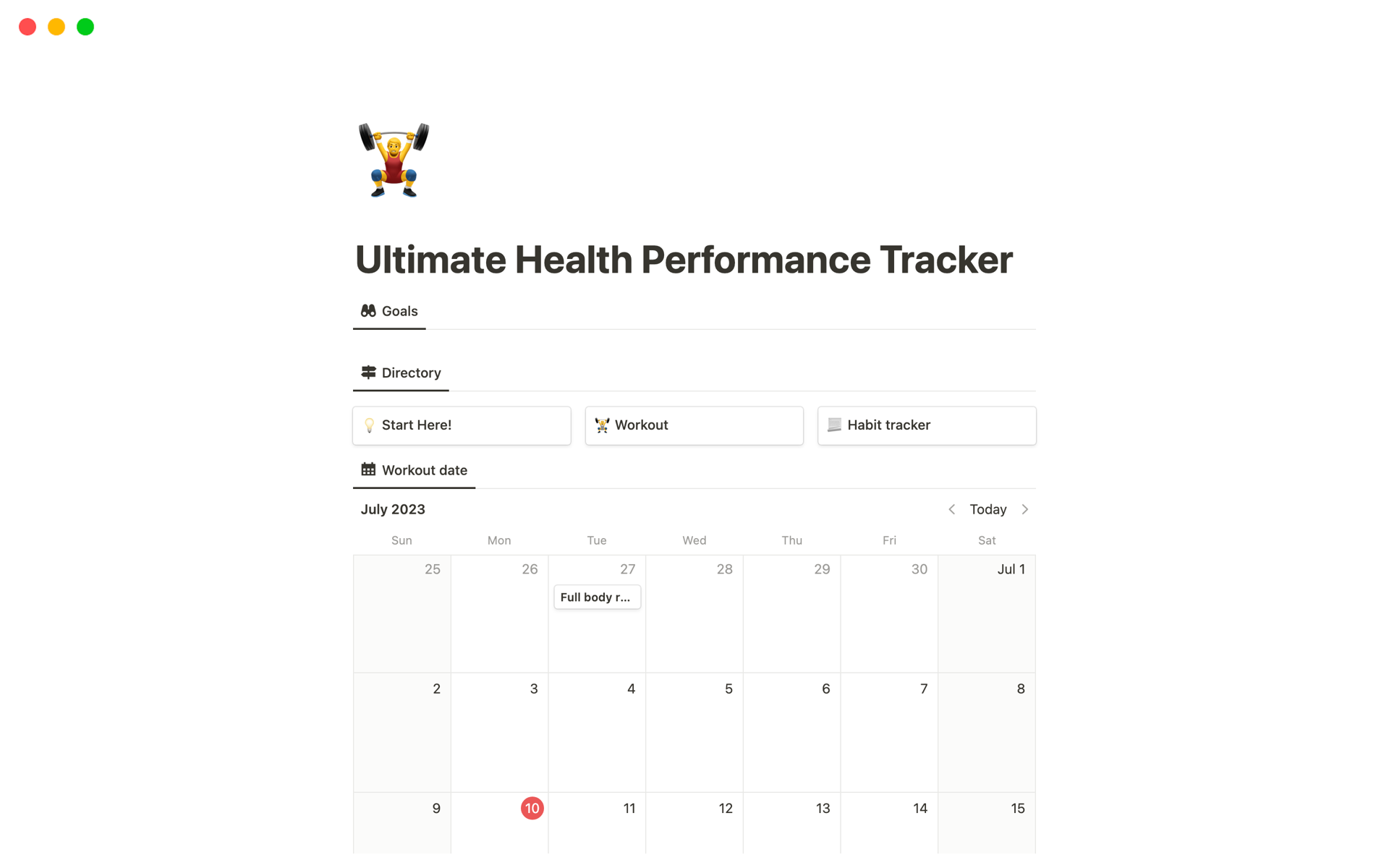 Eine Vorlagenvorschau für Ultimate Health Performance Tracker