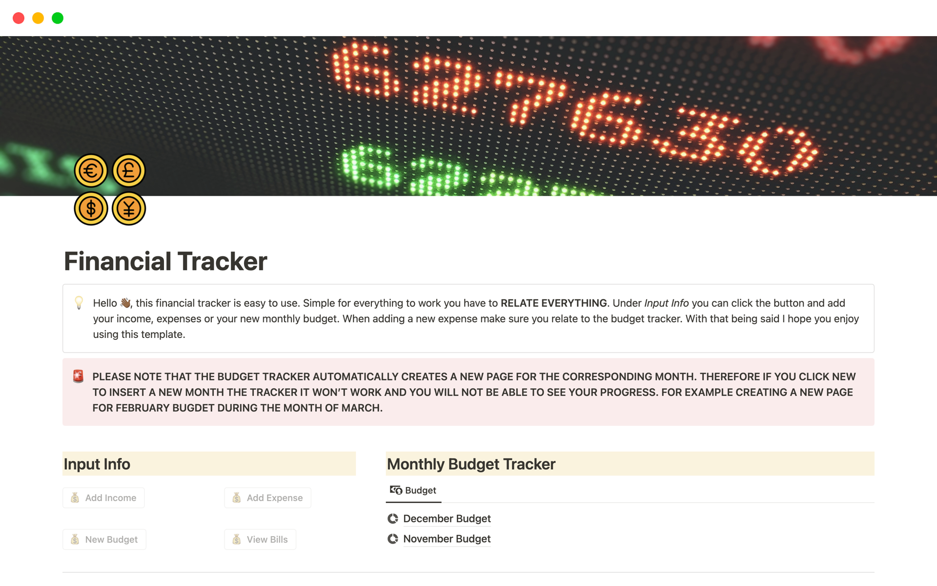 Vista previa de plantilla para Financial Tracker