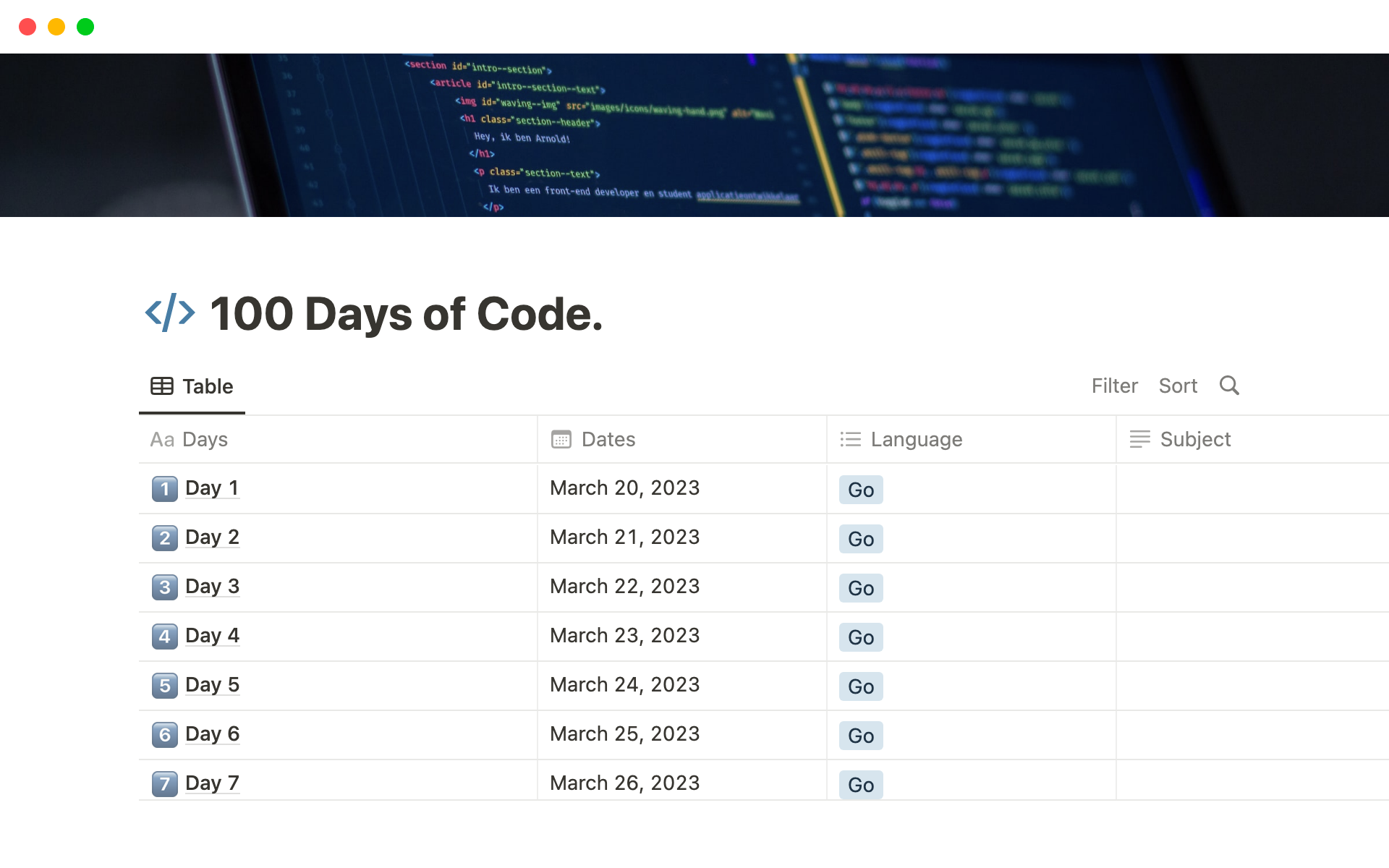 A template preview for 100 Days of Code