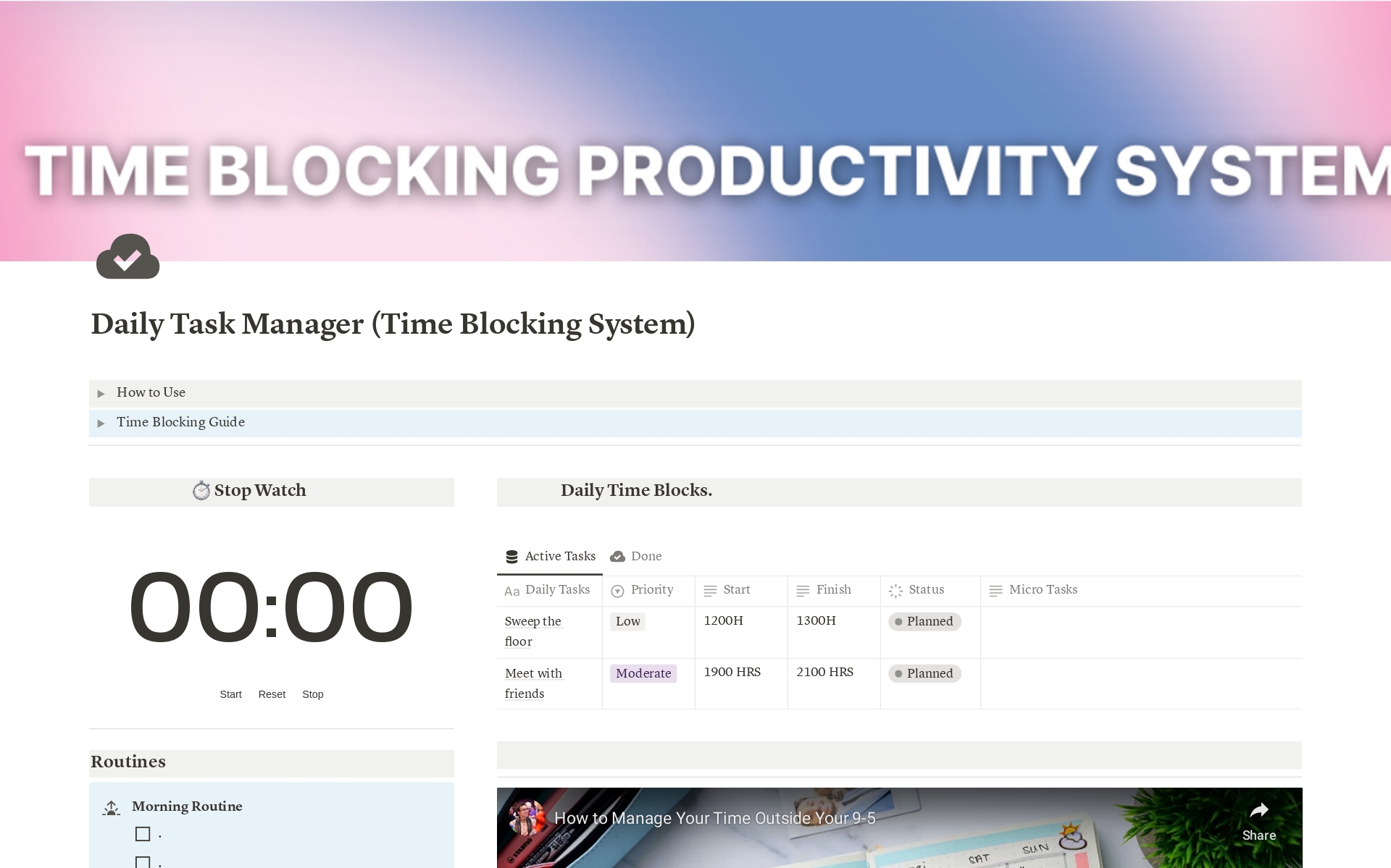Uma prévia do modelo para Daily Task Manager (Time Blocking System)