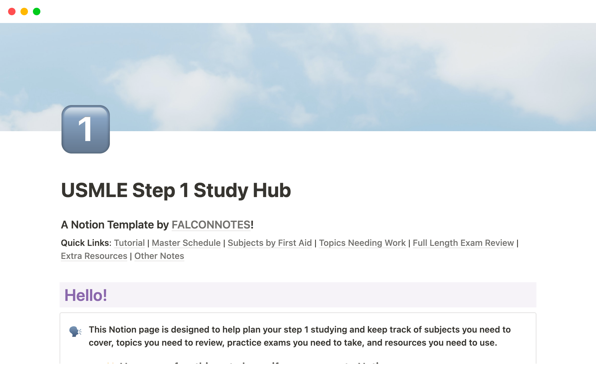 A template preview for USMLE Step 1 Study Hub