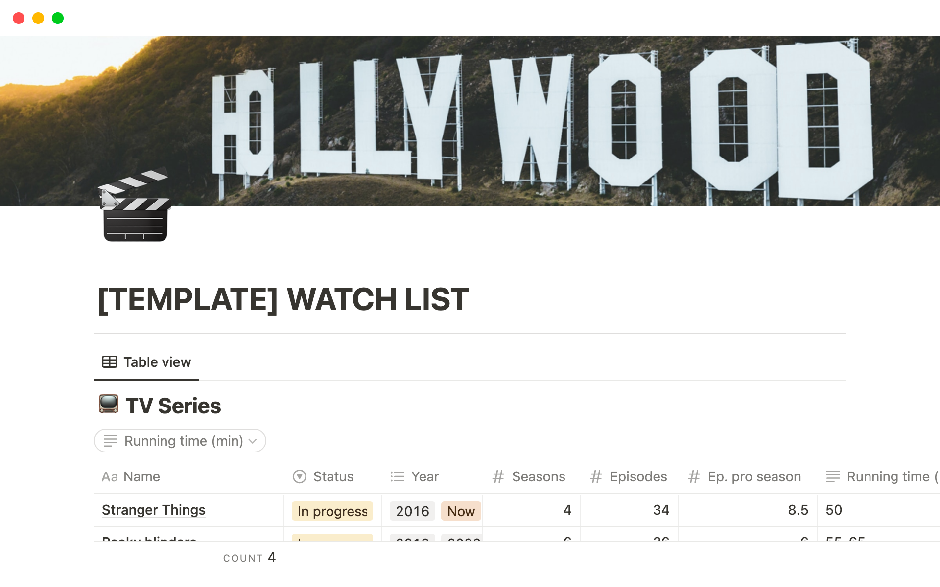 A template preview for Watch List