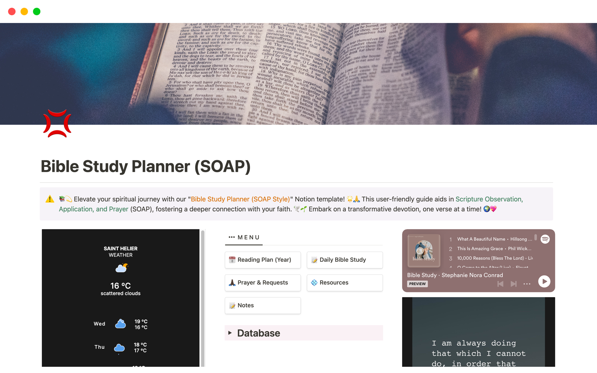 A template preview for Bible Study Planner (SOAP)
