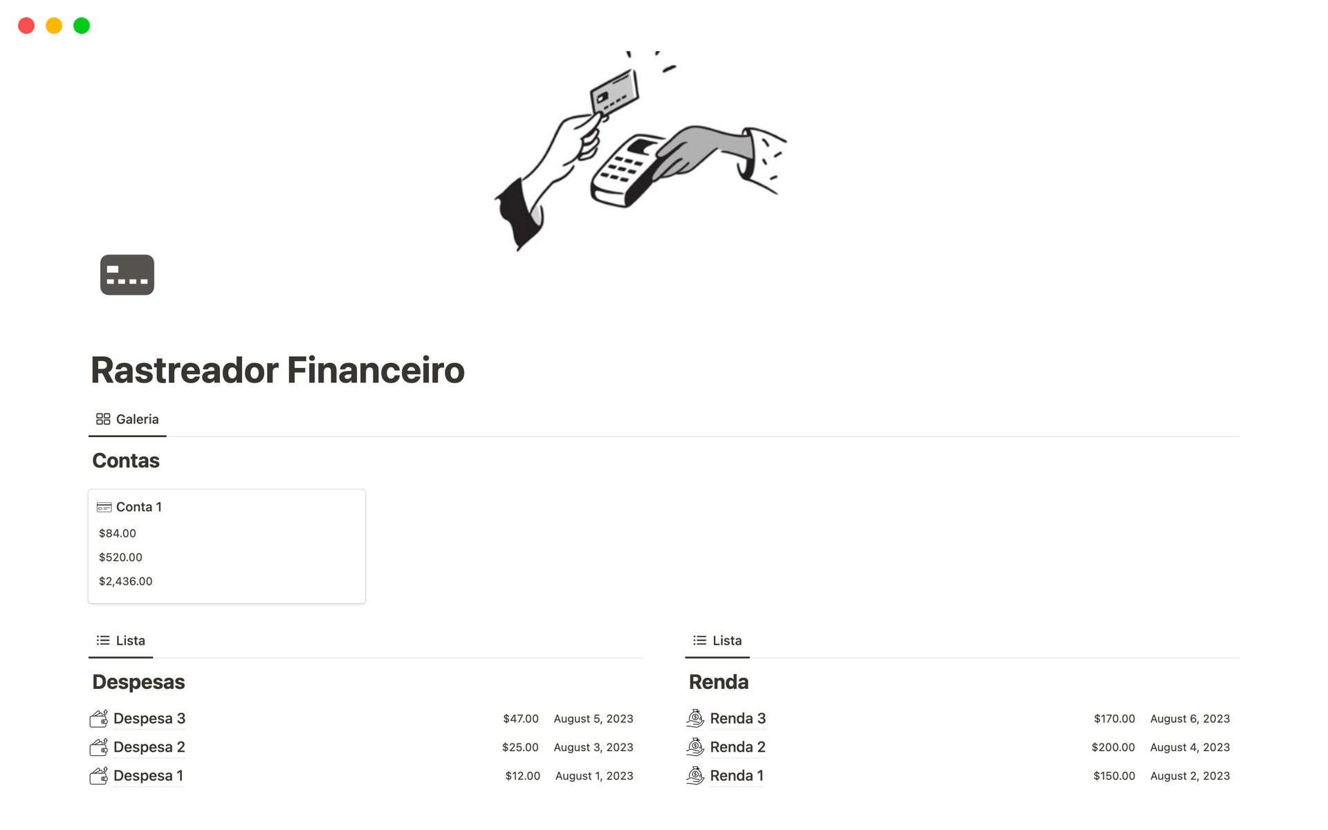 A template preview for Rastreador Financeiro