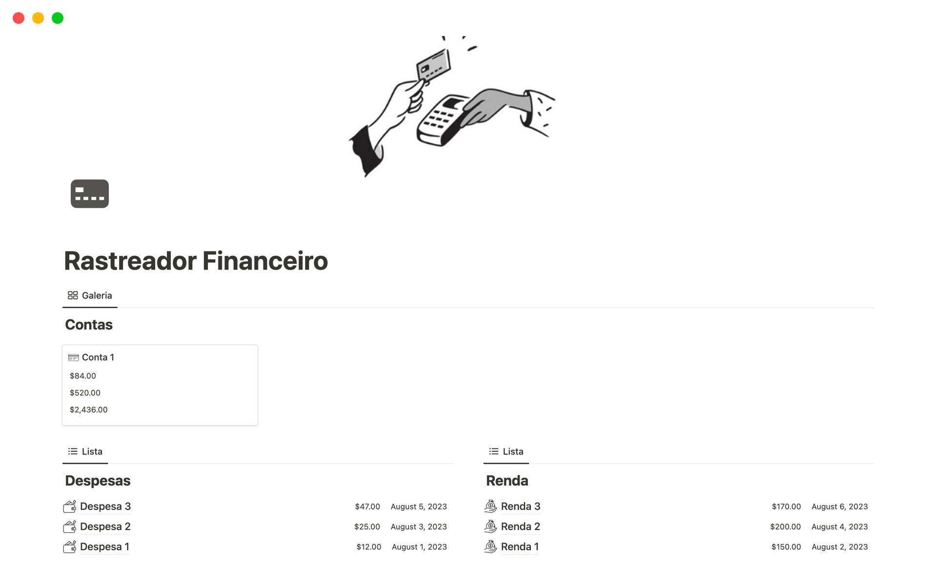 En förhandsgranskning av mallen för Rastreador Financeiro