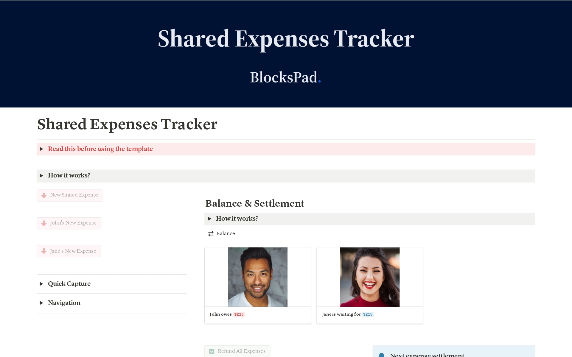 En förhandsgranskning av mallen för Shared Expenses Tracker