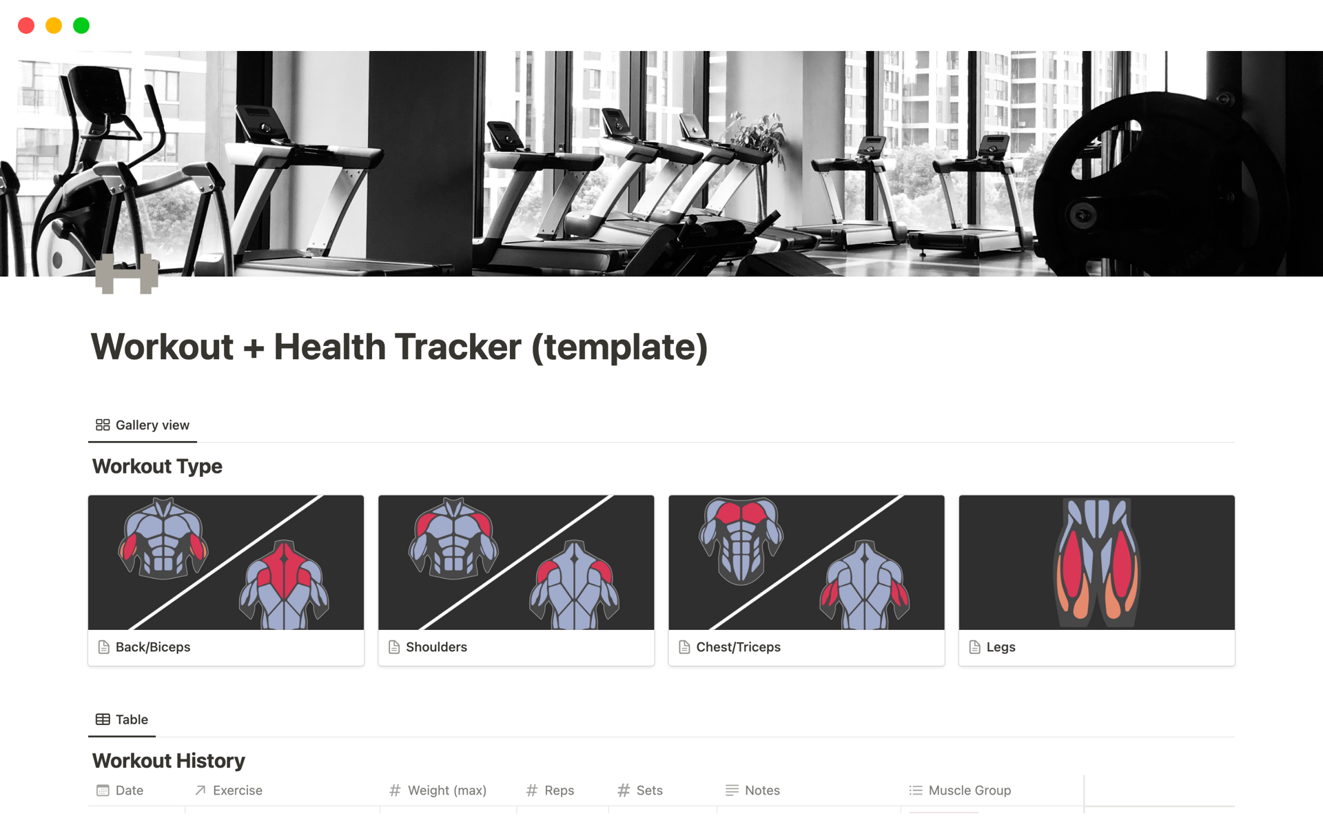 A template preview for Workout and Health Tracker