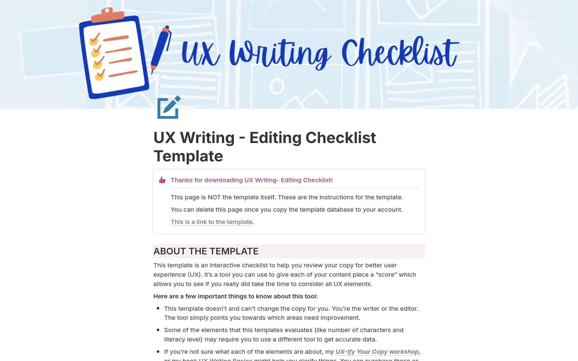 Uma prévia do modelo para UX Writing - Editing Checklist