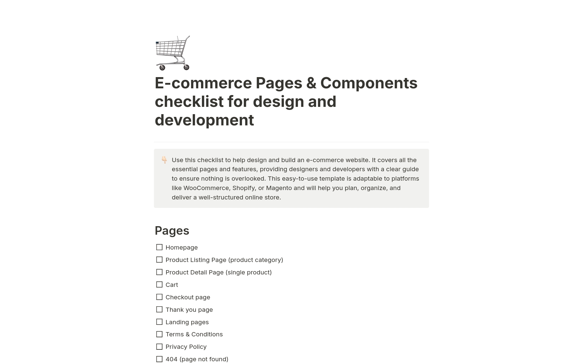 A template preview for E-Commerce checklist for design and development