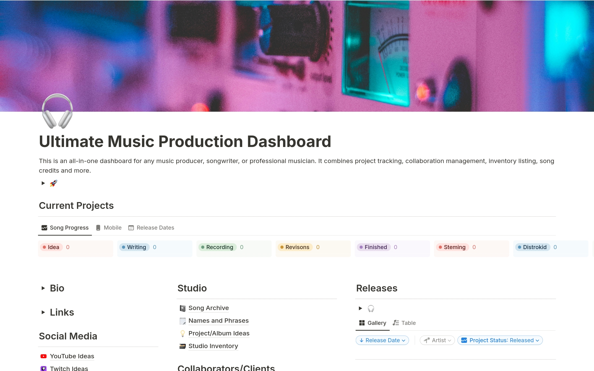 A template preview for Ultimate Music Production Dashboard