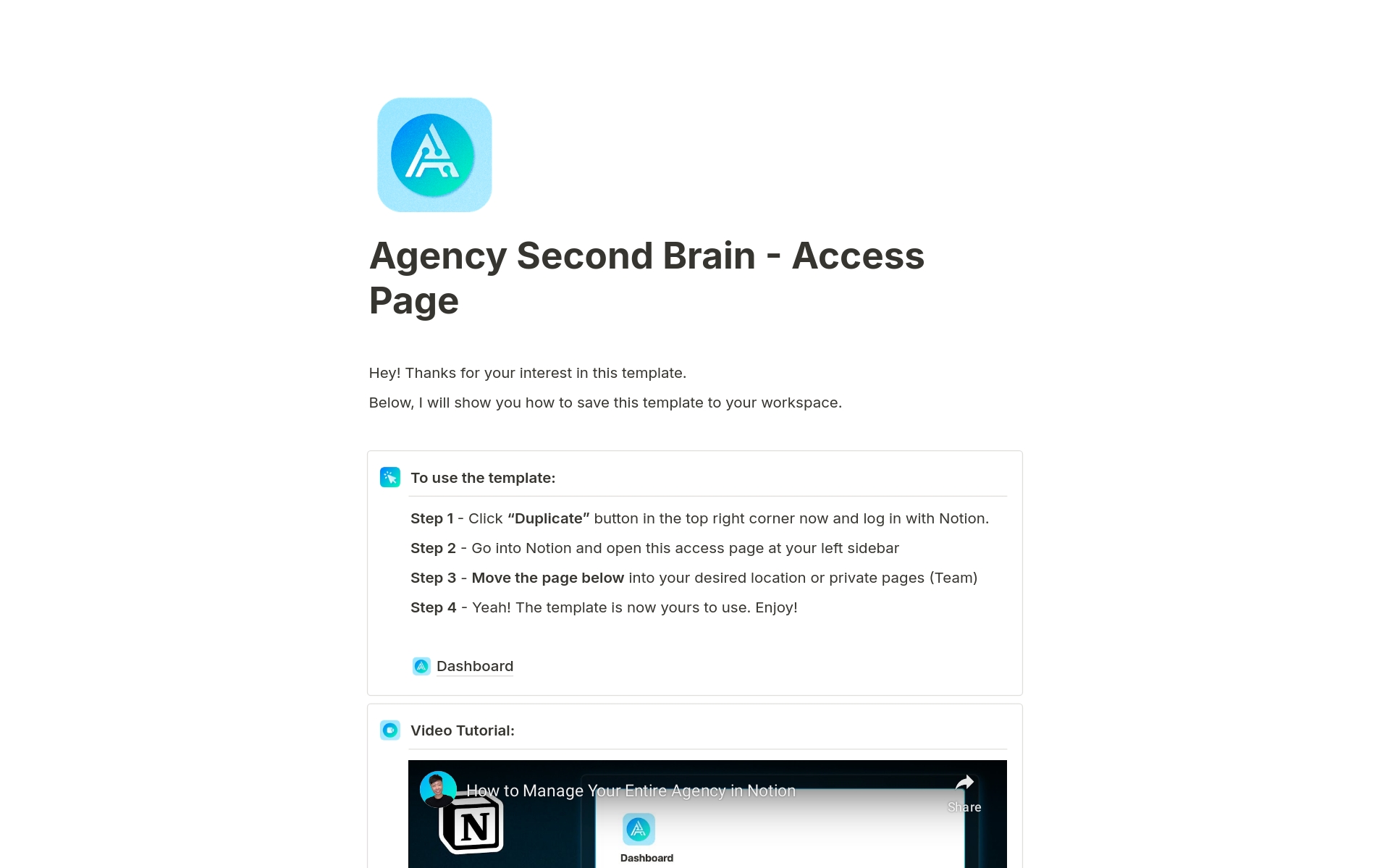 A template preview for Agency Second Brain