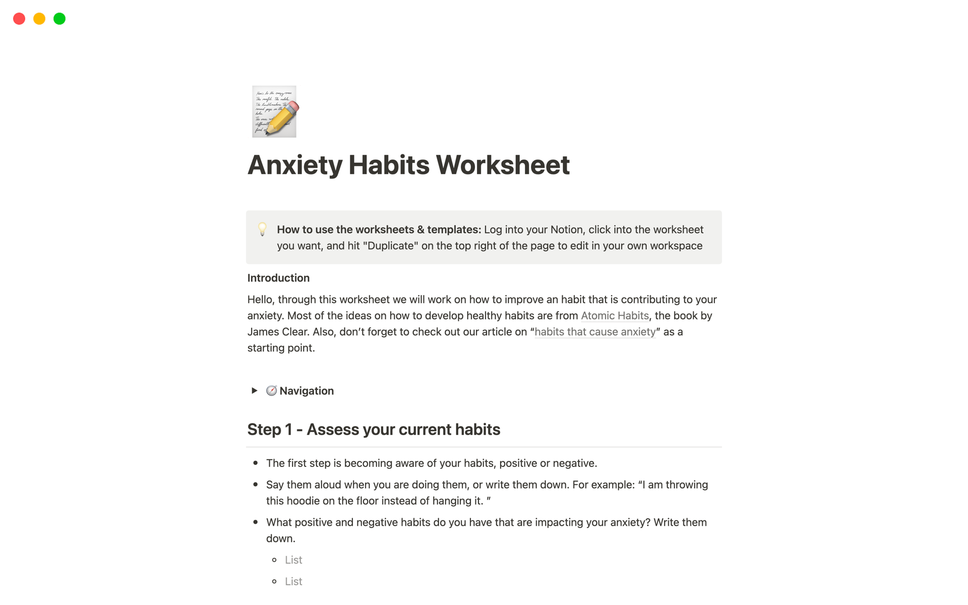 A template preview for Anxiety Habits Worksheet