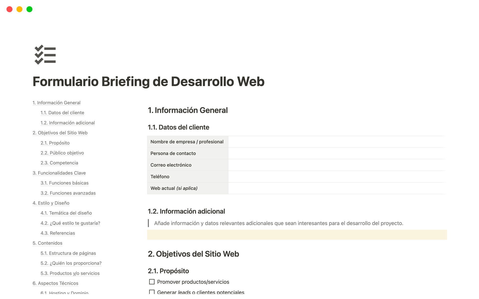 Eine Vorlagenvorschau für Formulario Briefing de Desarrollo Web