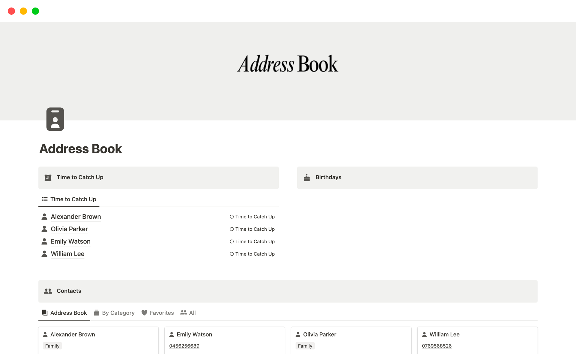 Effortlessly organize and manage your contacts with our feature-rich Address Book Notion template. This template goes beyond the basics, providing you with a comprehensive tool to stay connected and up-to-date with your network. Here's what you can expect:
