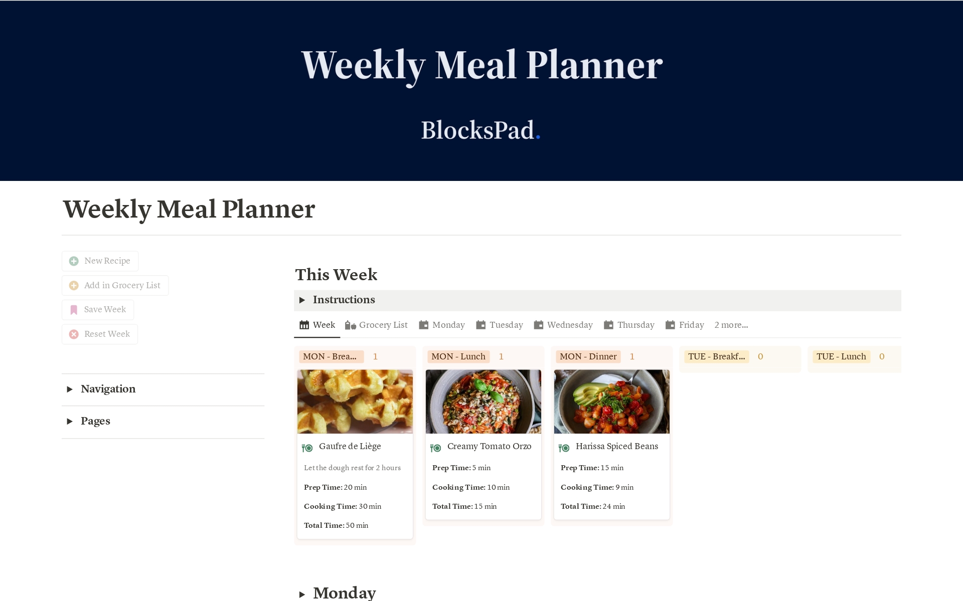 Aperçu du modèle de Weekly Meal Planner