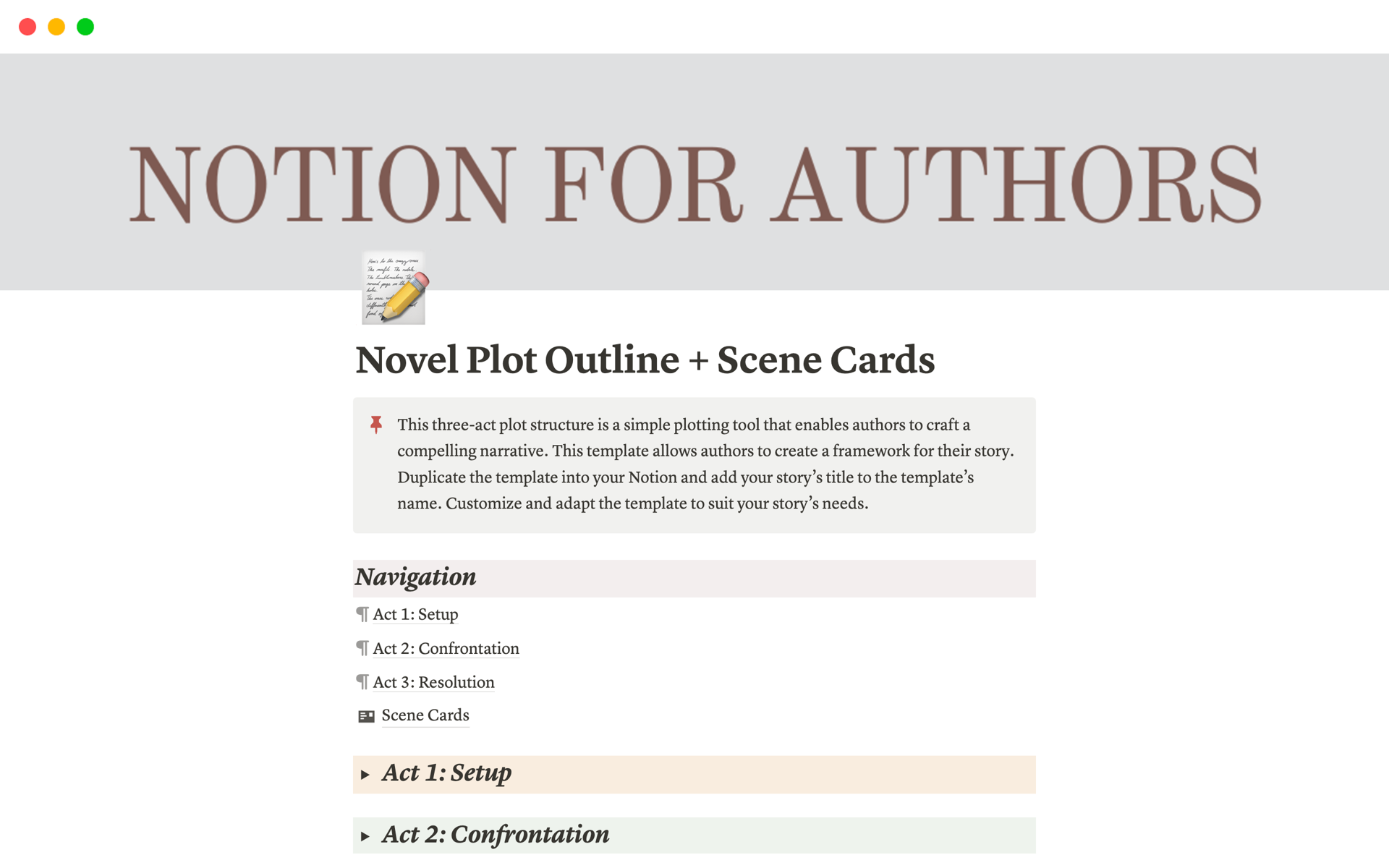 A template preview for Novel Plot Outline + Scene Cards