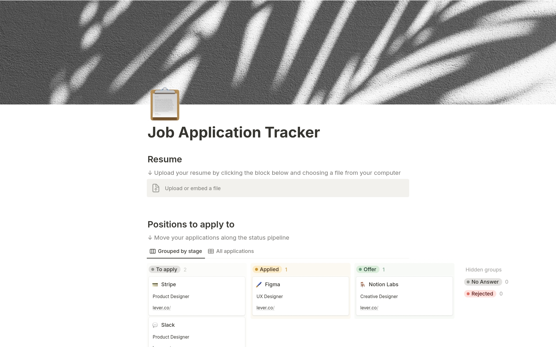 Keep track of the entire job application process all on one page. Keep track of companies you've reached out to with statuses and deadlines. Sort or filter them by application stage or by due dates on a calendar.