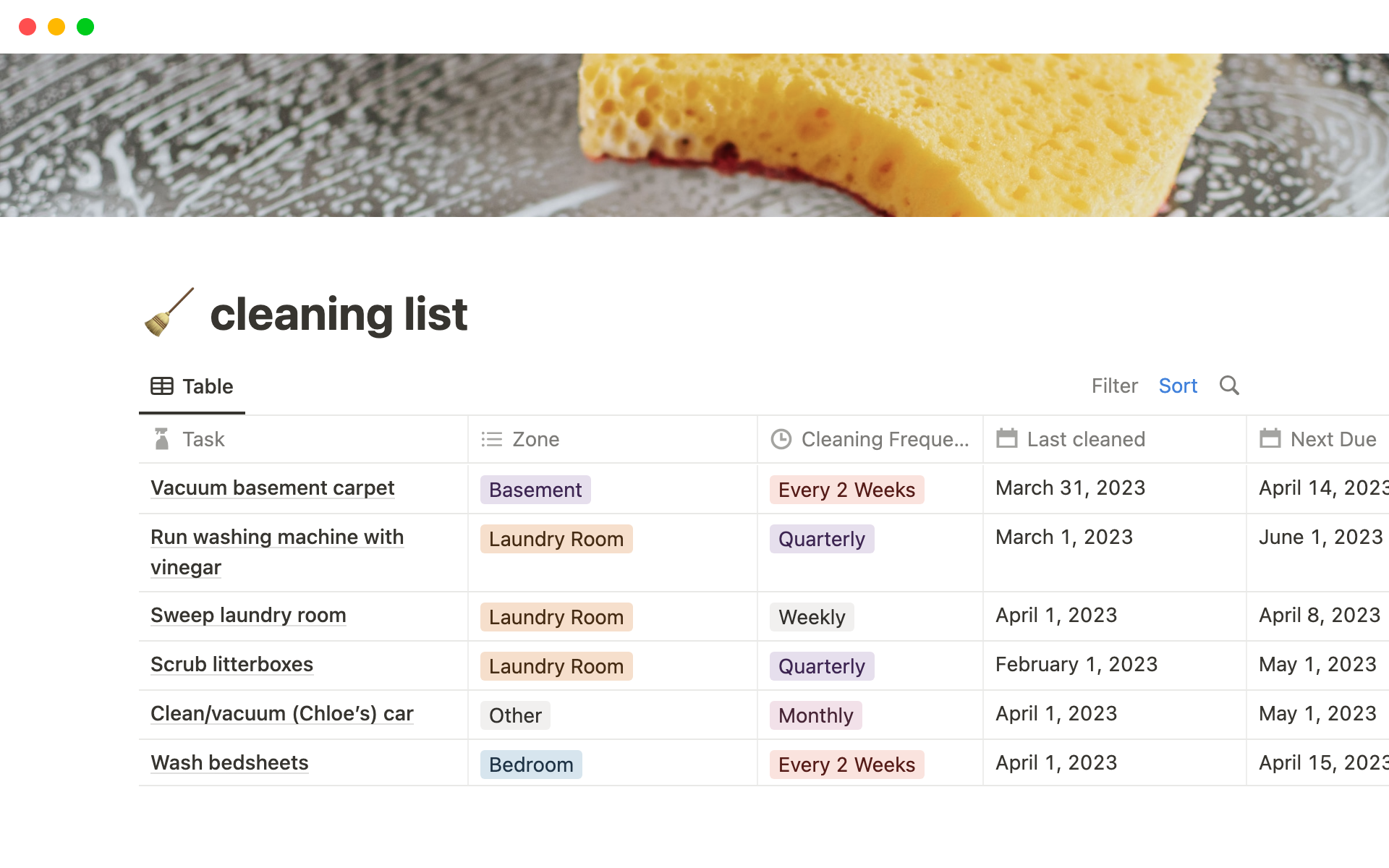 This template allows the user to keep track of household chores and gives "due dates" based on specified cleaning frequency.