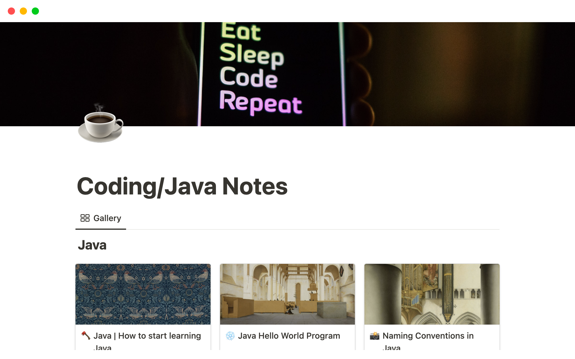 En förhandsgranskning av mallen för Coding / Java Notes