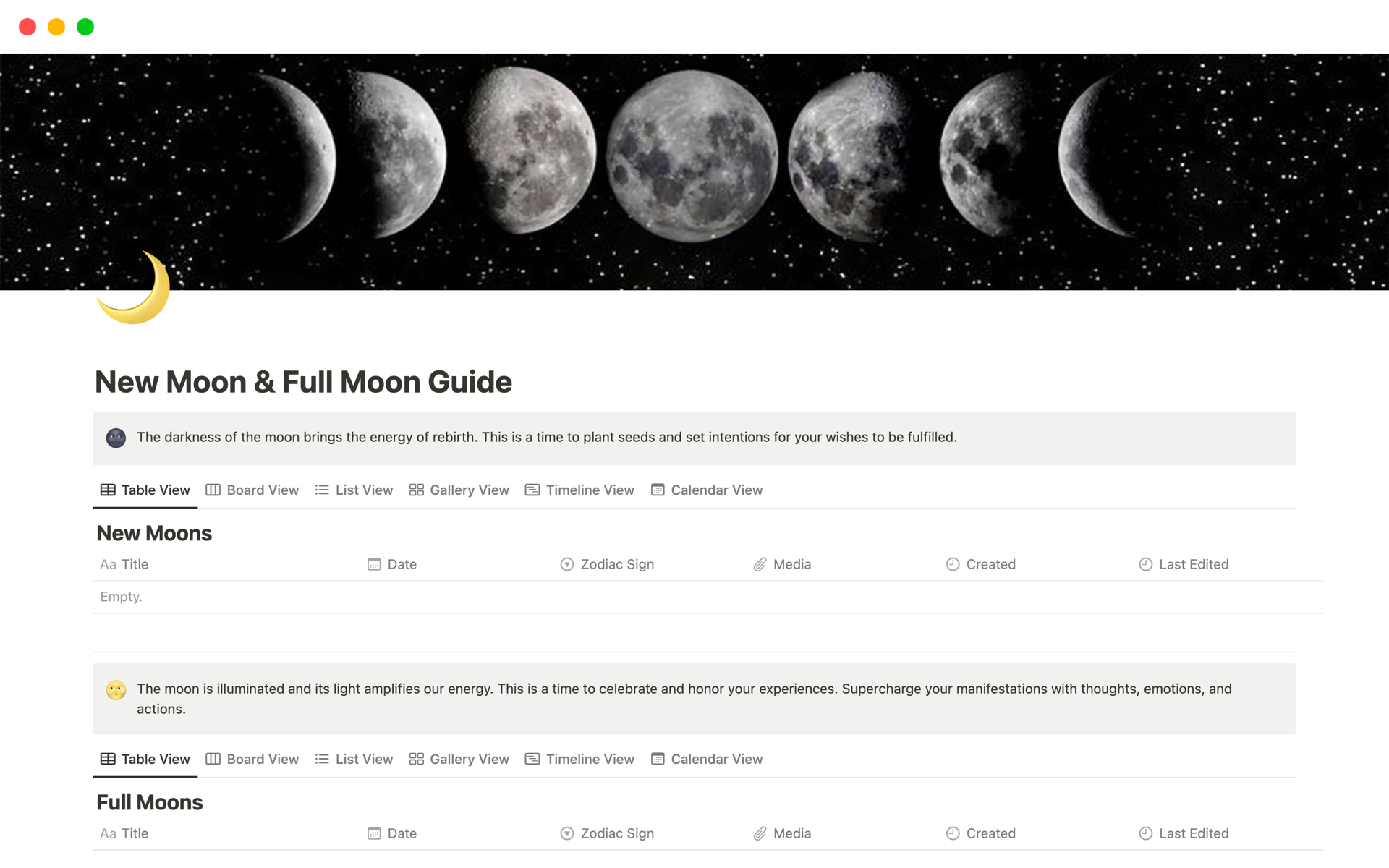 Unlock the mystical energies of the lunar cycle with this intuitive New Moon and Full Moon guide template on Notion, providing you with insightful prompts and reflections to align your intentions and cultivate spiritual growth during these celestial phases.